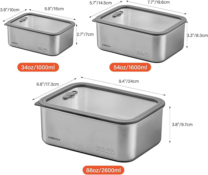 3Pcs Stainless Steel Food Containers,Stainless Steel Containers with Lids,Snack Containers,Lunch Box,Easy Clean,Airtight&Leakproof for Kitchen Storage,Dishwasher Safe,BPA-Free（34oz+54oz+88oz）
