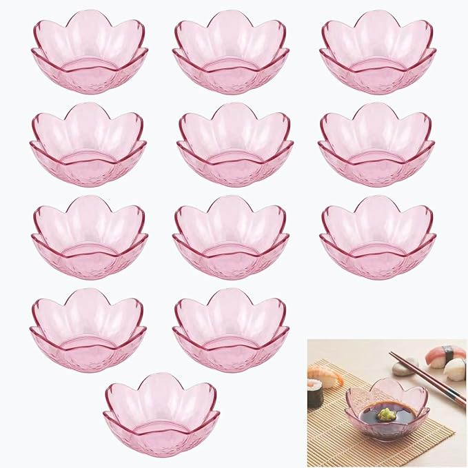 Sakura Sauce Dishes Set, 3.34x1.37 inch Plastic Cherry Blossom Dipping Bowls, 12 Pcs Small Condiment Dishes for Soy Sauce, Sushi, Snacks, and Party Appetizers (Pink)