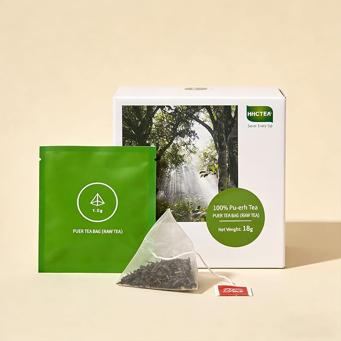 Pu-Erh Tea Bags, Organic and Aged Since 2018, Individually Wrapped 1.5g x 12 Count, Fermented Sheng (Raw) Pu-Erh Black Tea, Rich Flavor & Natural Energy, Convenient Brewing
