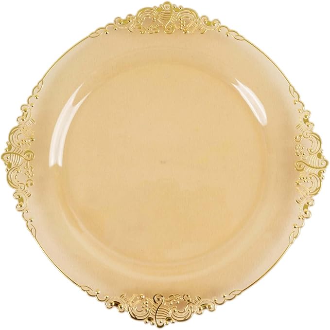 Efavormart 10 Pack | 10" Translucent Gold Baroque Dinner Plates, Leaf Embossed Metallic Rim Shatterproof Serving Plates for High-Fashion Galas