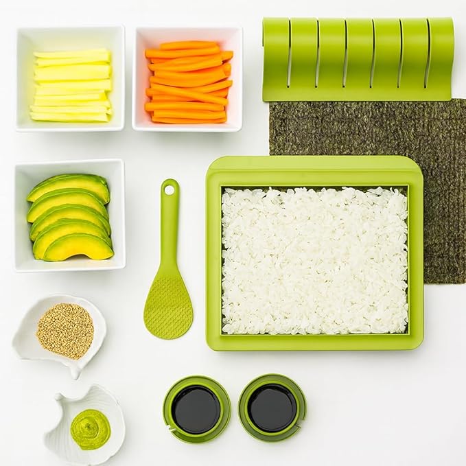 SushiQuik Sushi Making Kit with Rice Spreading Training Frame, Rice Paddle, Rolling Mat, Roll Cutter, Base, and Soy Sauce Caps - Sushi Kit for Beginners and Kids