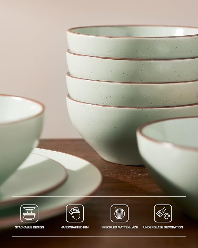 Famiware Venus Plates and Bowls Sets with Trim, 12 Pieces Speckled Stoneware Dishes Dinnerware Set for 4, Light Green - Microwave & Dishwasher Safe, Modern Minimalist, Everyday & Formal Dining
