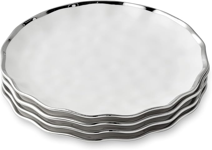 Regency Silver 9-Inch Porcelain Salad Plates – Set of 4 Elegant Silver-Trimmed Plates – Perfect for Appetizers, Salads & Desserts – Durable, Dishwasher-Safe Tableware for Everyday & Formal Dining
