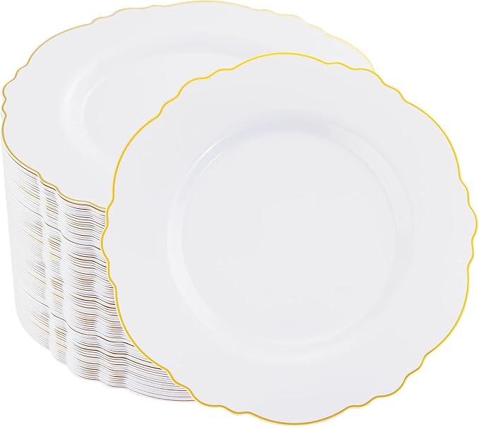 WDF 60pcs Gold Dessert Plates-7.5inch Baroque White and Gold Small Dessert Plates/Disposable Salad/Appetizer Plate for Upscale Party/Wedding/Birthday
