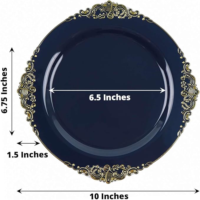 Efavormart 10 Pack | 10" Navy Blue and Gold Baroque Dinner Plates, Leaf Embossed Metallic Rim Heavy Duty Serving Plates for Nautical Receptions