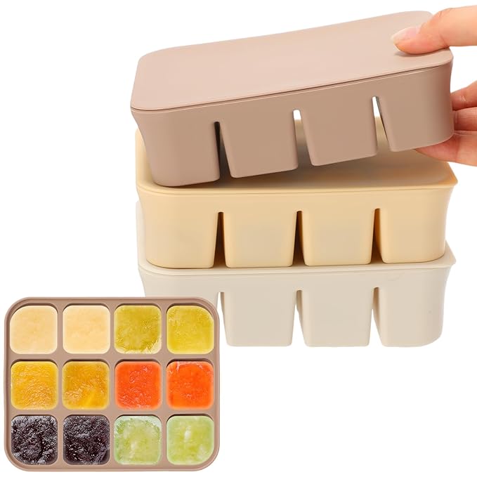 Mimorou 3 Pack Baby Food Freezer Tray with Lids 2.13 oz x 6 Cups/1.15 oz x 12 Cups Silicone Baby Food Storage Container Ice Cube Molds for Homemade Vegetable Fruit Snack(12 Cups,White, Yellow, Brown)