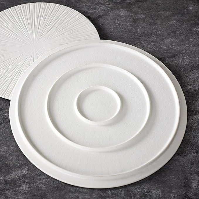 Round Flat Ceramic Serving Plate and Dinner Plate, 2 Pieces Set, 12" & 10" Plates, Elevate Dining Experience (White, Ray 12" & 10")
