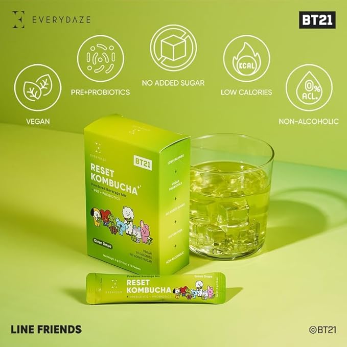 Everydaze BT21 Reset Kombucha Tea Powdered Beverage Mix | 10 Sticks | Prebiotics + Probiotics | Vegan | No Added Sugar, Gluten Free, Sparkling Powder Drink Pack (Green Grape)