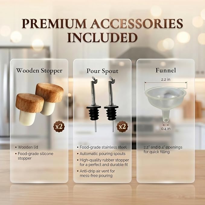 Elegant Oil and Vinegar Dispenser Set – Glass Bottles 17oz/500ml with Corks, Pouring Spouts & Funnel | Modern Olive Oil Dispenser & Vinegar Cruet for Kitchen Decor | Set of 2