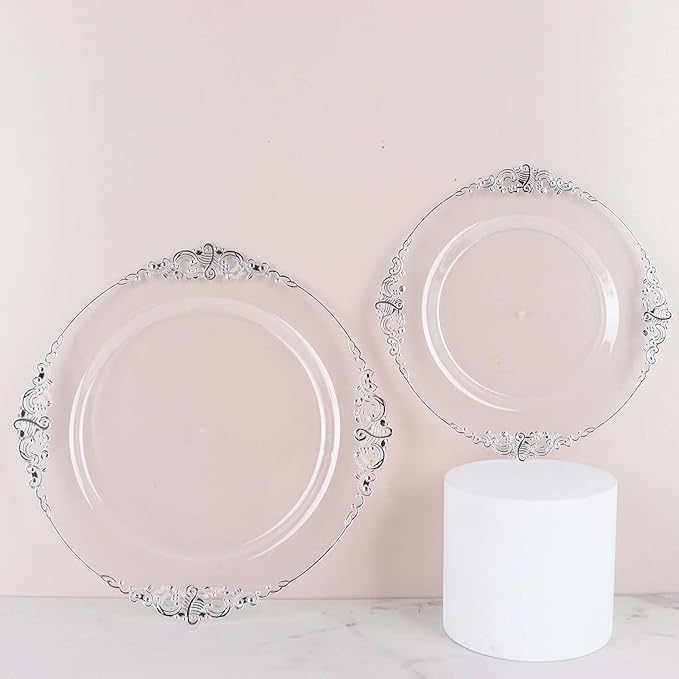 Efavormart 10 Pack | 10" Clear and Silver Baroque Dinner Plates, Leaf Embossed Metallic Rim Shatterproof Serving Plates for Anniversary Celebrations