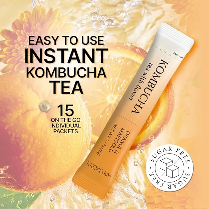 KKOKDAM Kombucha Tea - Orange & Marigold Korean Tea - Kombucha Drinks Probiotic Support, Low Calorie, Sugar Free Kombucha - 15 Packs