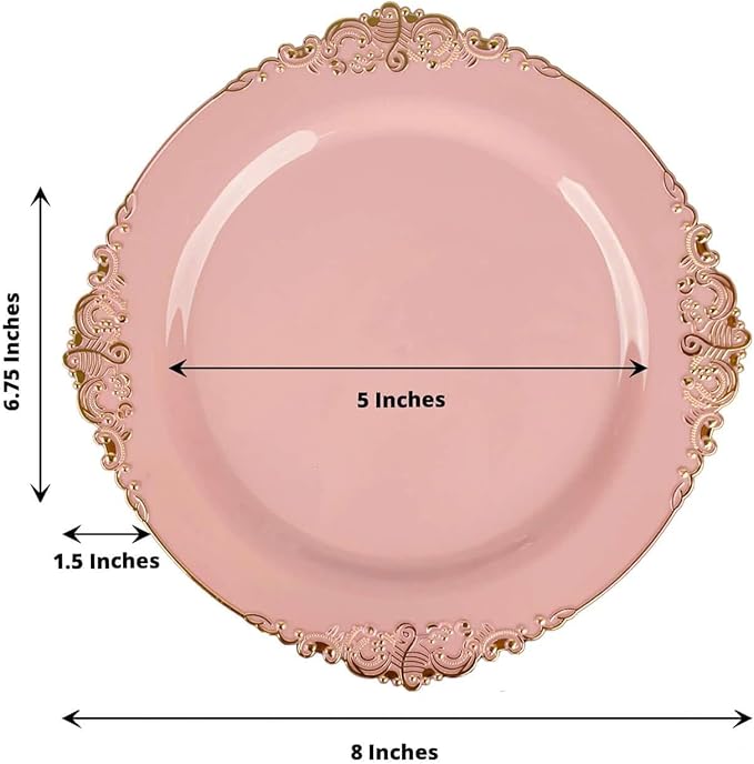 Efavormart 10 Pack | 8" Dusty Rose and Gold Baroque Dessert Plates, Leaf Embossed Metallic Rim Heavy Duty Appetizer Plates for Whimsical Parties
