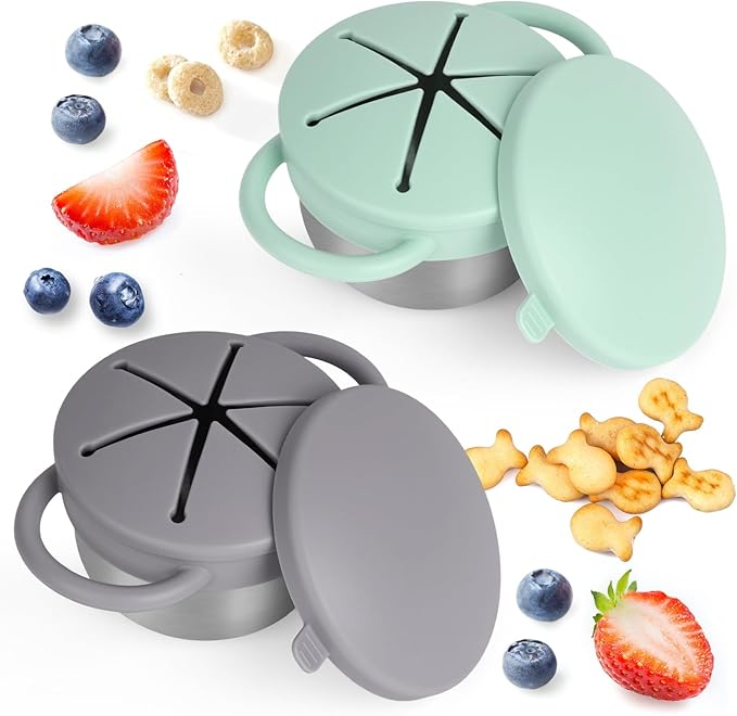 Daximo 2 Pack Snack Cups for Toddlers Spill Proof - Detachable Stainless Steel Toddler Snack Cups with Silicone Lids & Handles - Dishwasher Safe Baby Snack Containers (Matte Gray and Mint Green)
