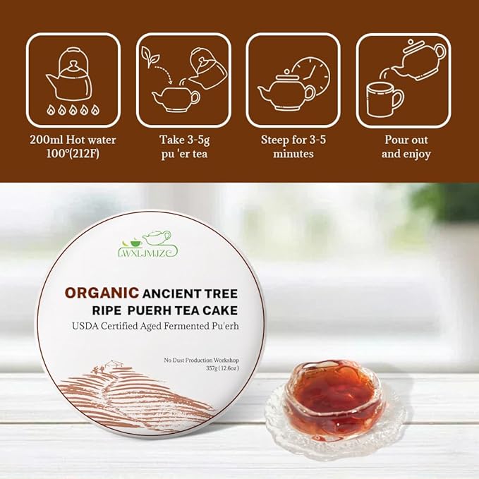 LWXLJMJZC－2021yr Organic Ripe Puerh Tea Cake -USDA certified Cook Pu erh-150（Cups) Shu Puer Tea -Black Pu'erh -Yunnan Chinese Pu er Cake - 357g/12.6oz