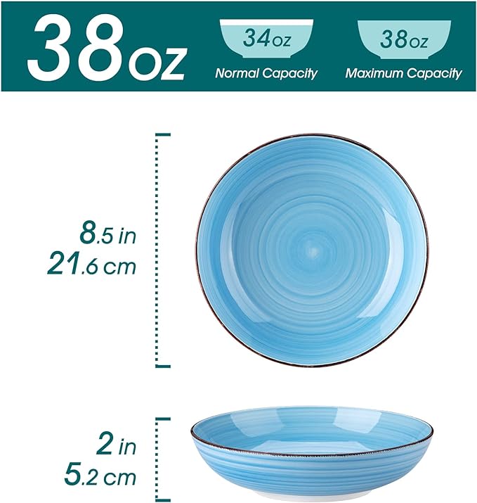 vancasso Bonita 38 oz Ceramic Pasta Bowls Set of 6, Microwave & Dishwasher Safe, 8.5 Inch Elegant Shallow Bowls Set for Pasta, Salad, & Soup – Large Capacity Pasta Plates Sets, Blue