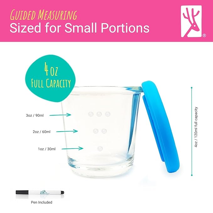 Elk and Friends 4oz Borosilicate Glass Baby Food Storage Jars with Silicone Lid | Strong Glass | Set of 12 | Microwave, Oven & Dishwasher Safe | Infant and Babies