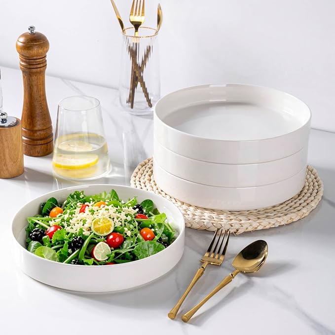 LERATIO Large Pasta Bowls,38oz Ceramic Pasta Bowls,9.25" Reactive Glaze Pasta Bowl Set of 4,Microwave & Dishwasher,Oven Safe,Wide Serving Bowls for Salad,Pasta,Fruit,Scratch Resistan -White