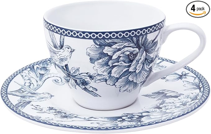 H&H Kensington Set of 6 Porcelain Blue and White Tea Cups 240cc with Saucer English Style