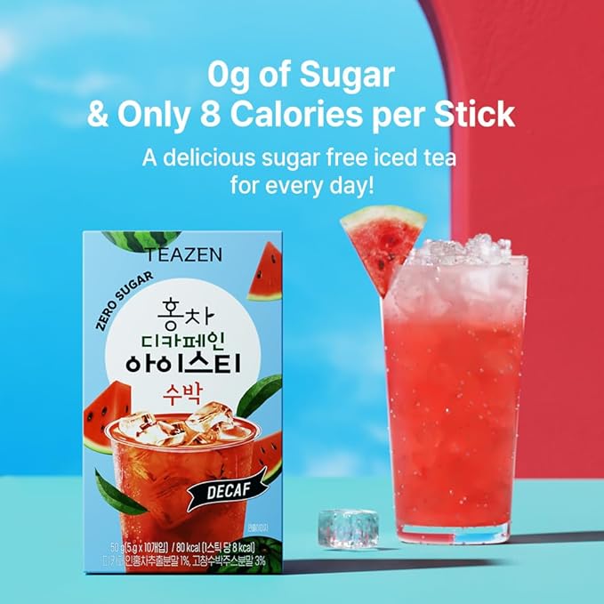 Teazen Summer Watermelon Iced Tea, Sugar Free, Uva Black Tea, Hydration Drink Mix, Decaf, 10 Sticks, 1.76oz