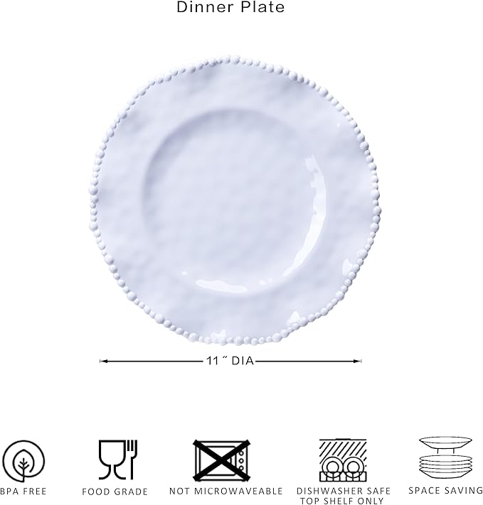 White Beaded Melamine 11 Inch Dinner Plates,Set of 6, Elegant Scalloped Pearl Serving Dishes plate, Unbreakable Dinnerware Dessert/Salad Plates, Dishwasher safe