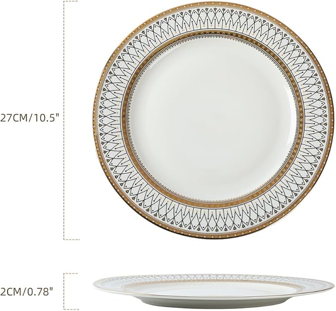 YEWUDHOM Porcelain Plates,Ceramic Dinner Plates Set of 4,Plate Set for 4 Dinning Kitchen,Golden Thread Pattern Steak Salad Plate Set for Home Restaurant Utensils,10.5" Large,White and Gold