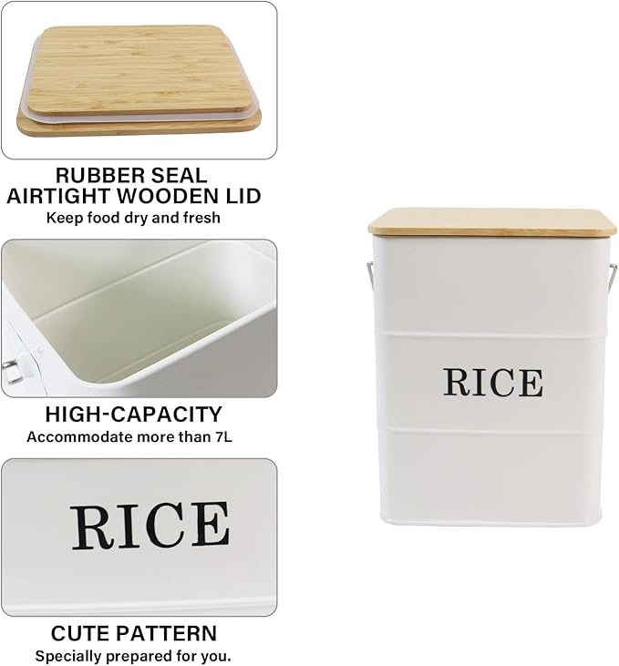 Rice Container Metal Rice Storage Bin, Rice Storage Box with Airtight Bamboo Lid & Scoop, Food Storage Container for Rice Flour Soybean Grain Cereal (White)