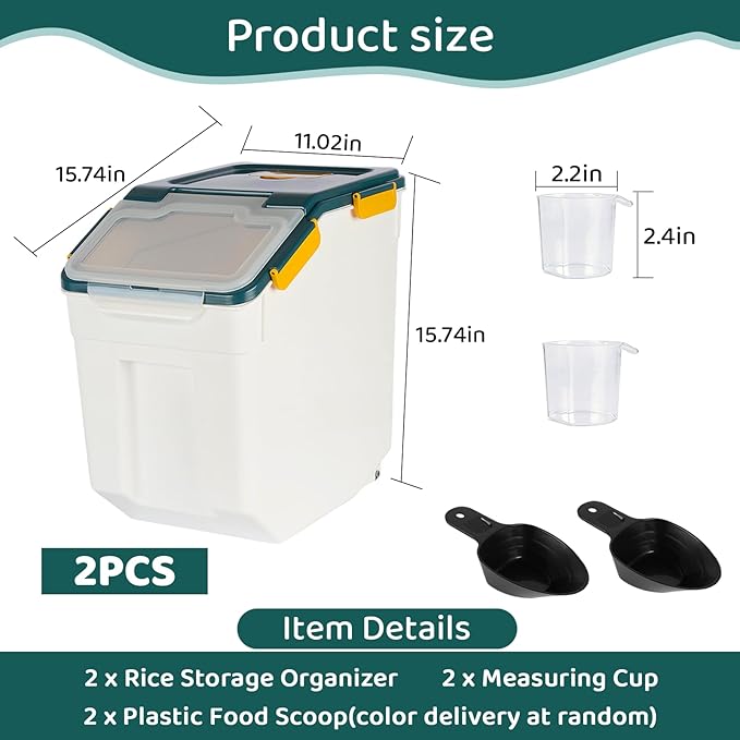 Rice Storage Container 50 lbs Large Household Flour Sugar Containers Airtight Grain Cereal Dispenser with Wheels, Locking Lid & Measuring Cup for Kitchen Pantry Organization, 2 Pack(Blue)