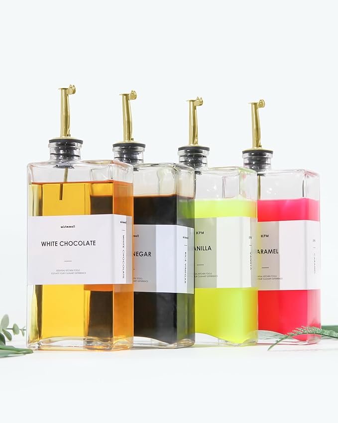 WISIMMALL Olive Oil Dispenser For Kitchen, Glass Oil Bottle 350ML Oil And Vinegar Dispenser Set Of 4 with 4 Stainless Steel Pourers & 44 Labels, Soy Sauce Dispenser, Coffee Syrup Bottles