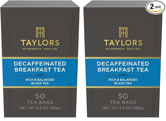 Taylors of Harrogate Decaffeinated Breakfast,Black Tea,Pillow Bags,Rich,Bright & Balanced,Decaffeinated,Enjoy Hot or Iced,50 Teabags,50 Count (Pack of 2)