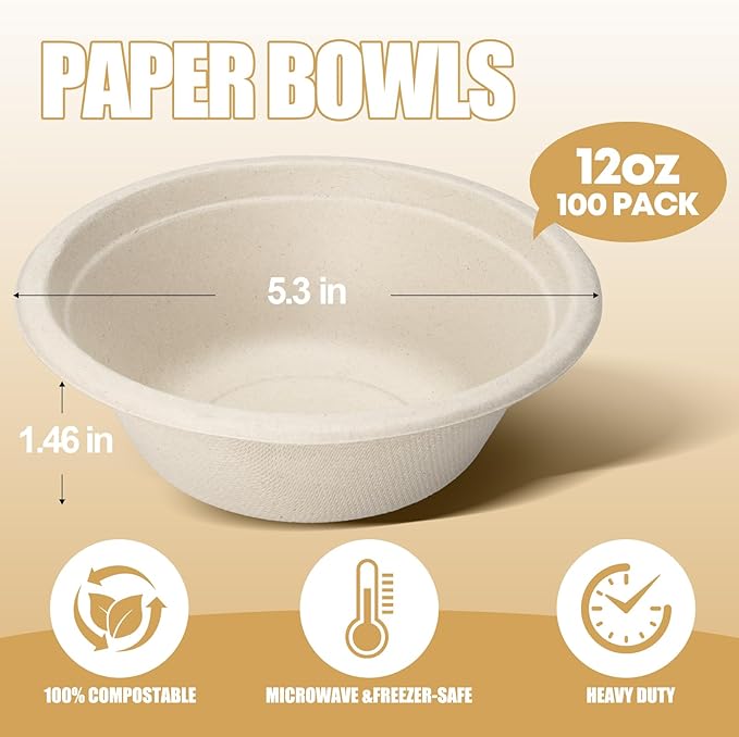 TaidMiao Paper Bowls Disposable - 100 Pack 12 oz Compostable & Biodegradable Bowls; Heavy Duty Sugarcane Fiber Bowls, Microwave Safe; Ideal for Soup, Salads, Pasta & Ice Cream