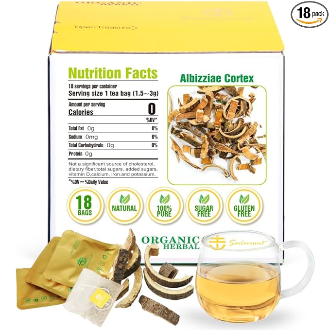 Soilmount - Albizziae Cortex Tea - |Mimosa Tree Bark|合欢皮|Hehuanpi|합환피| - Pure Herbal Tea - Natural, Organic, Non-GMO, Clean Ingredients, Caffeine Free (18 Tea Bags, Box 1)
