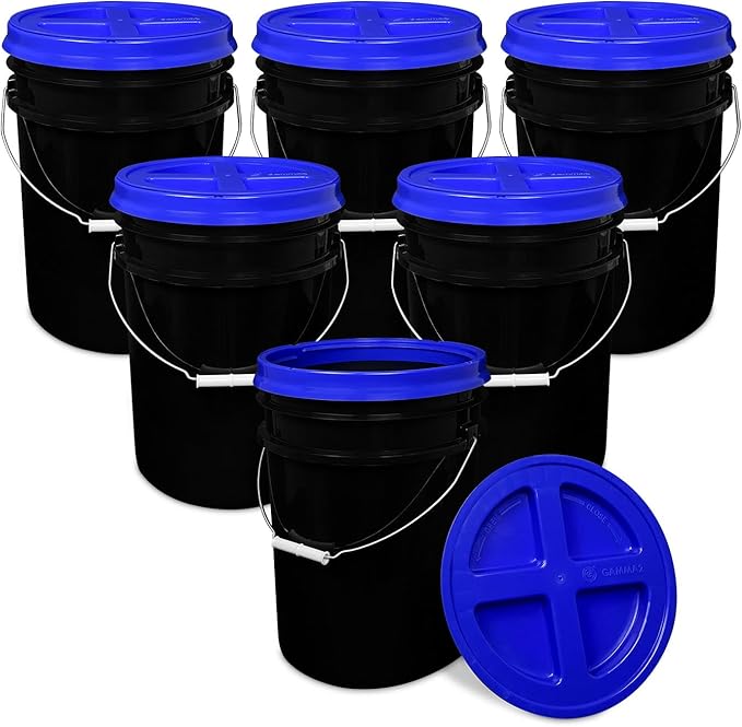 ePackageSupply 5 Gallon Bucket - Food Grade Bucket with Airtight Gamma Seal Screw-On Lid, BPA-Free, Heavy-Duty 90 Mil HDPE Plastic, Bulk Storage, Durable Container, Made in USA, Black/Blue, 6 Packs