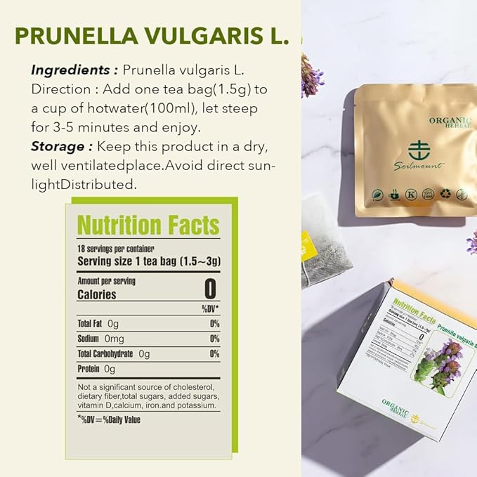 Soilmount - Self-Heal Tea - |Prunella vulgaris|xia ku cao|夏枯草| - Pure Herbal Tea - Natural, Organic, Non-GMO, Clean Ingredients, Caffeine Free (18 Tea Bags, Box 1)