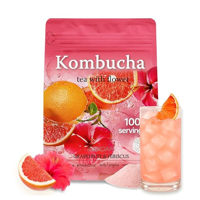 KKOKDAM Kombucha Tea - Grapefruit & Hibiscus Korean Tea - Kombucha Drinks Probiotic Support, Low Calorie, Sugar Free Kombucha Pack - 500g Bulk Pouch