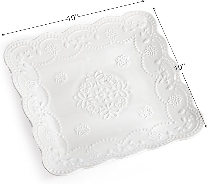 Tebery Set of 4 Square Embossed Ceramic Plate, 10 Inch Elegant Dinner Plates Ivory White, Appetizer Salad Serving Plates Kitchen Plates for Christmas Afternoon Tea Banquet Wedding Party Steak Pasta