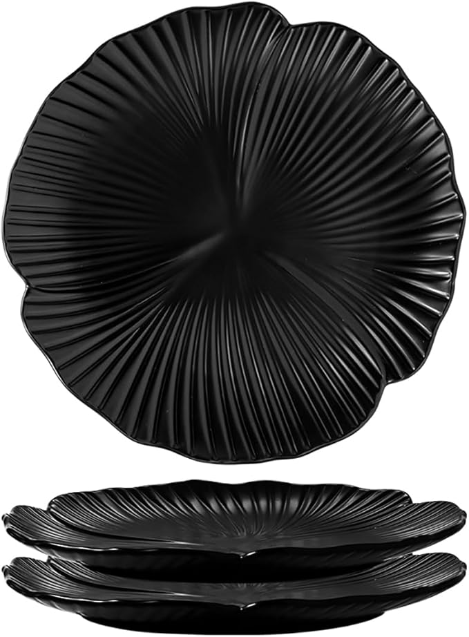 Jusalpha Set of 3-Japanese Style Flower Petal Shaped Porcelain Dinner Plates, Versatile Circular Serving Plates for Breakfast, Salad, Steak Dinner, PL019 (Flat plate, 10'', Black)