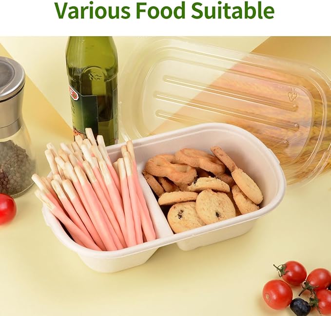 50 Pack Large 2 Compartment Paper Bowls with Lids, Divider Food Containers Disposable for Main Dish with Sides, Chip Dips (50 Bowls 50 Lids)