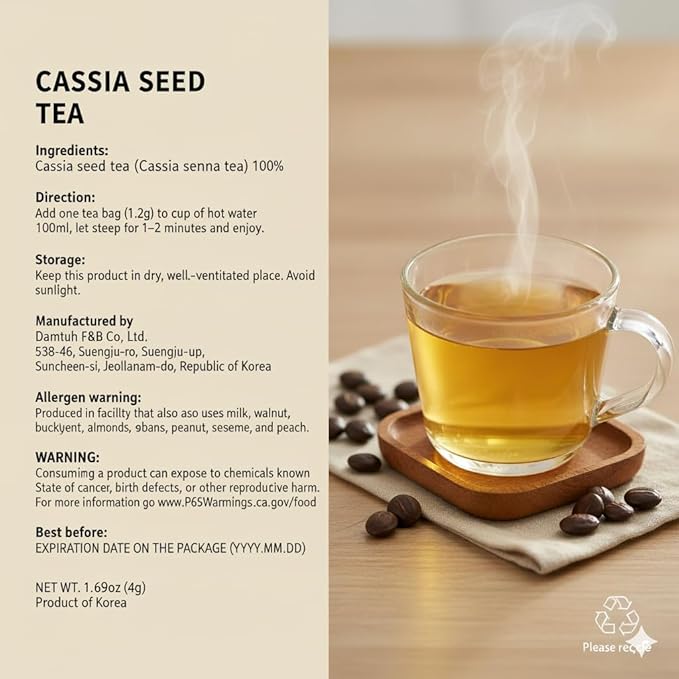 Damtuh Cassia Seed Tea – Traditional Korean Herbal Tea, Smooth & Caffeine-Free, 40 Tea Bags (1.2g each, Pack of 2)