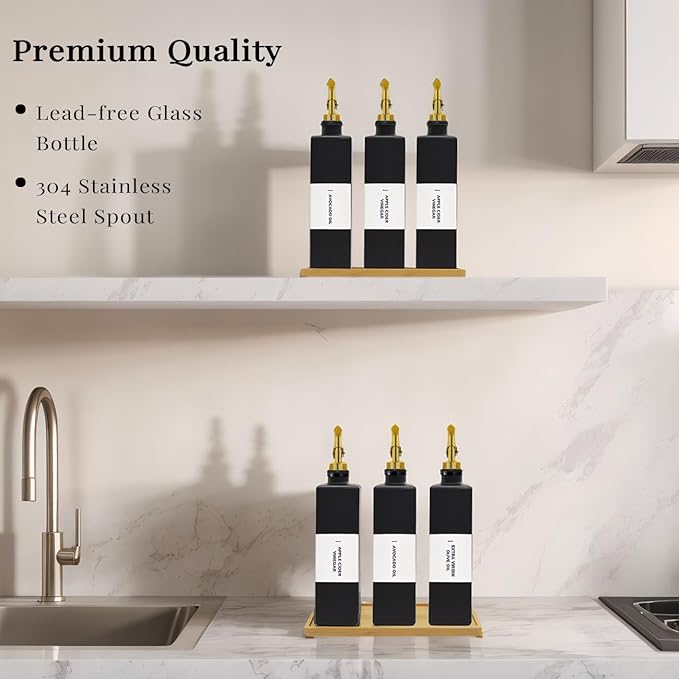 Olive Oil Dispenser Bottle for Kitchen with Bamboo Tray- Glass Oil and Vinegar Dispenser Set 16.9oz, Soy Sauce & Syrup Bottle, Modern Hostess Gift (Black, 16.9oz, Set of 3)