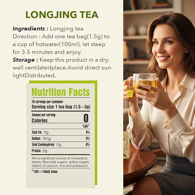 Soilmount Organic Longjing Tea - Chinese Green Tea - 18 Individually Wrapped Packets - Fresh Aroma, Balanced Sweetness, Suitable for Hot or Iced Tea