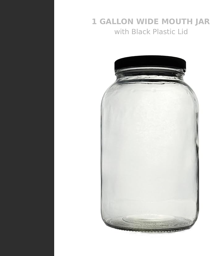 North Mountain Supply 1 Gallon Glass Jar Wide Mouth with Black Plastic Lid - USDA, BPA-Free, Made in the USA - for Fermenting, Storing, Canning, and Much More! (Pack of 2)