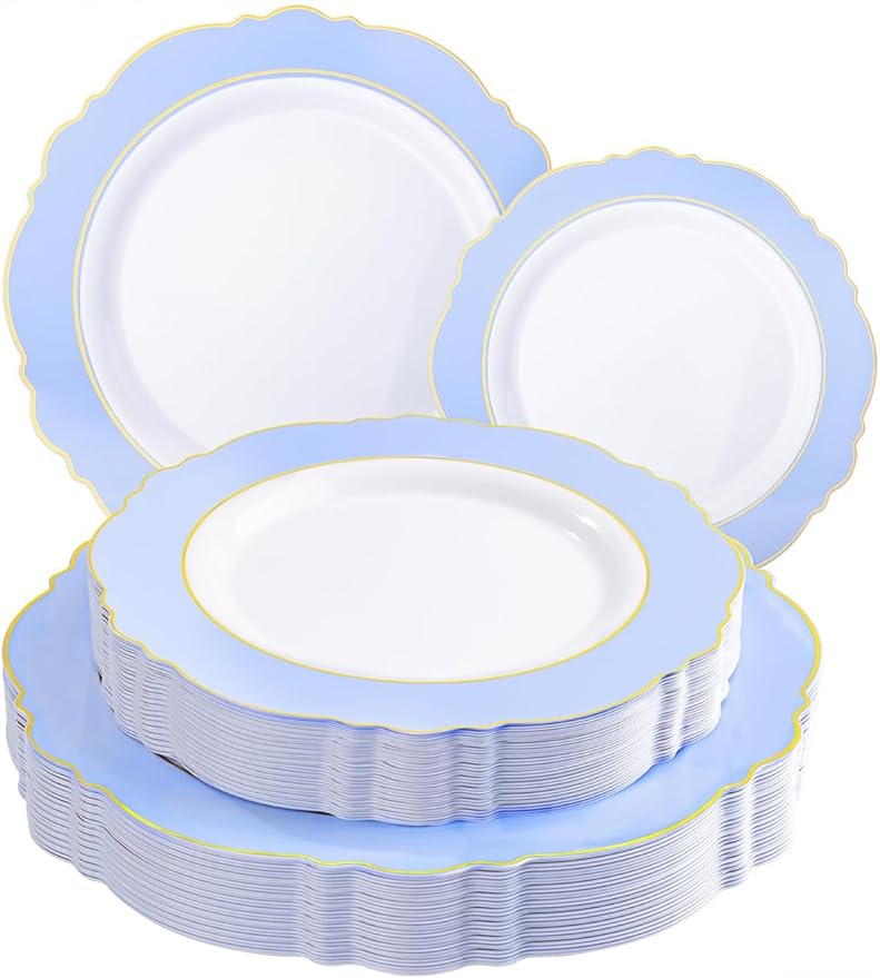 WDF 60pcs Blue Plates Disposable With Gold Rim - Baroque Baby Blue Plastic Party Plates for Wedding/Party/Baby Shower/Spring