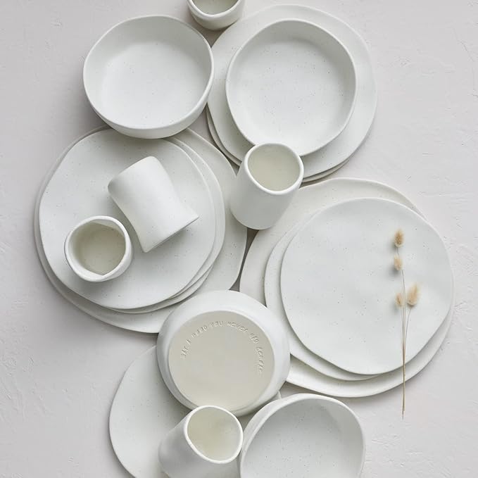 Stone by Mercer Project HEKONDA Modern Debossed Stoneware 16-Piece Dinnerware Set, Plate and Bowl Set, Dish Set for 4, White Speckled