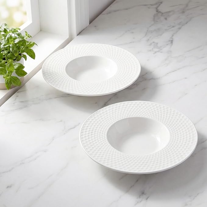 Creative home decor ceramic wide-rimmed soup bowls/plates, 10.5 oz pasta bowl four-piece set, white embossed bowls and plates with rims, ideal for upscale restaurants, hotels and gourmets, 11 inches.