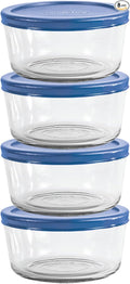 Anchor Hocking 2 Cup Glass Storage Containers with Lids, Set of 4 Glass Food Storage Containers with Blueberry SnugFit Lids