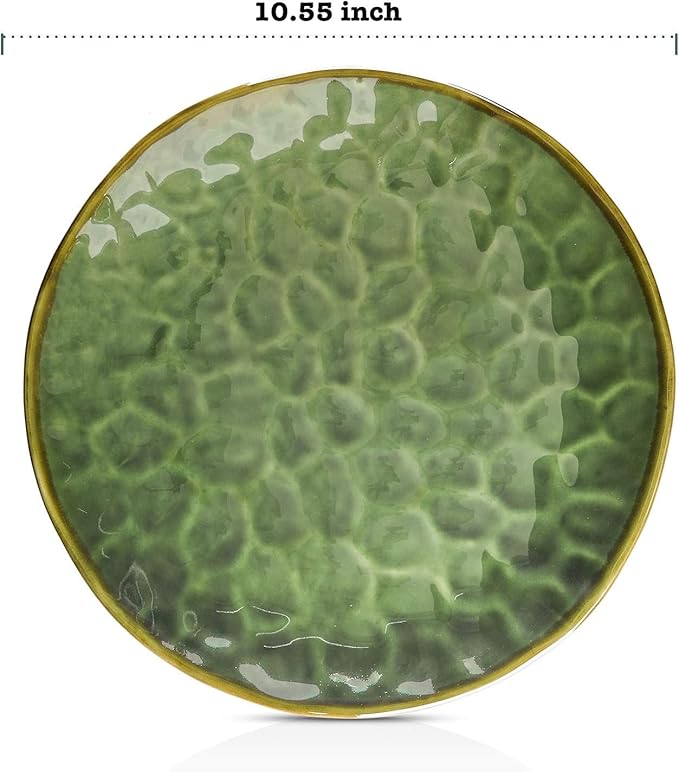 vicrays Ceramic Dinner Plates Set, 10.5 Inch, Set of 4, Round, Microwave, Oven, Dishwasher Safe, Porcelain Fluted Suitable for Steak, Pasta, Pizza, Home, Party, Restaurant (Green)