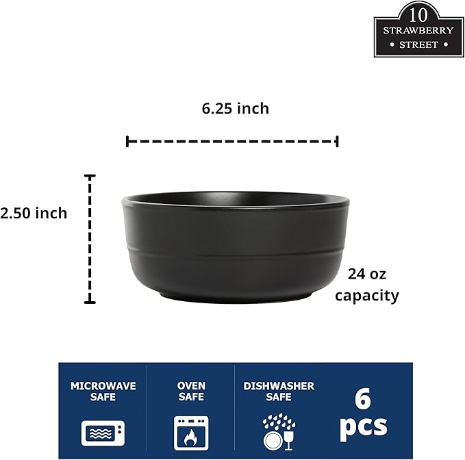Double Line 6.25"/24 oz Cereal Bowl, Set of 6, Matte Black