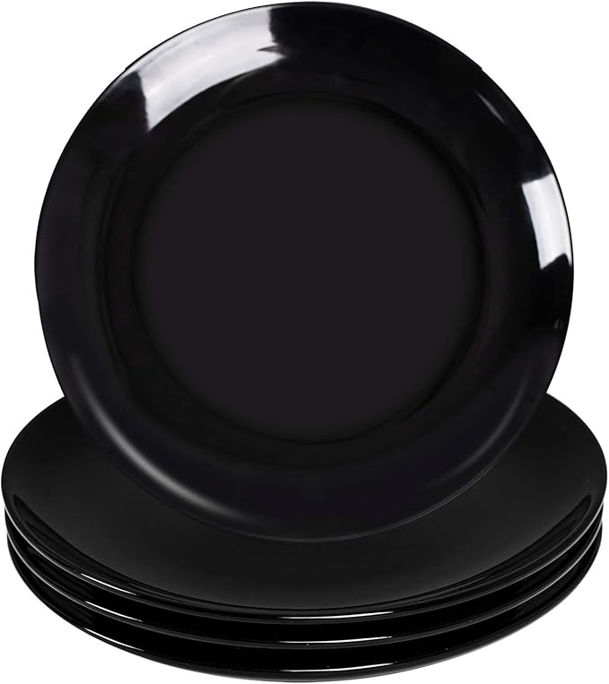 DELLING 10 Inch Black Dinner Plates Set of 4, Porcelain Round Plates - Microwave & Dishwasher Safe, Chip Resistant - Modern Matte Black Plates for Everyday Dining & Entertaining