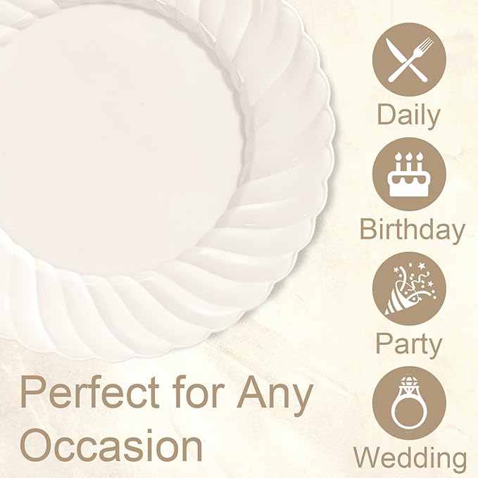 U-QE 100 Count 6 Inch Ivory Plastic Plates - Scalloped Dessert Plates Disposable - Premium Fancy Disposable Heavy Duty Party Supplies for Party, Celebrations, Weddings and Events