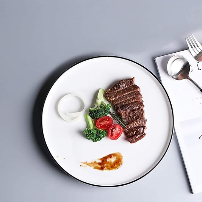 8 Inch Porcelain Lunch Plates, White with Black Edges Dessert Plate, Classic Round Serving Plate for Steak, Pasta and Salad, Set of 6